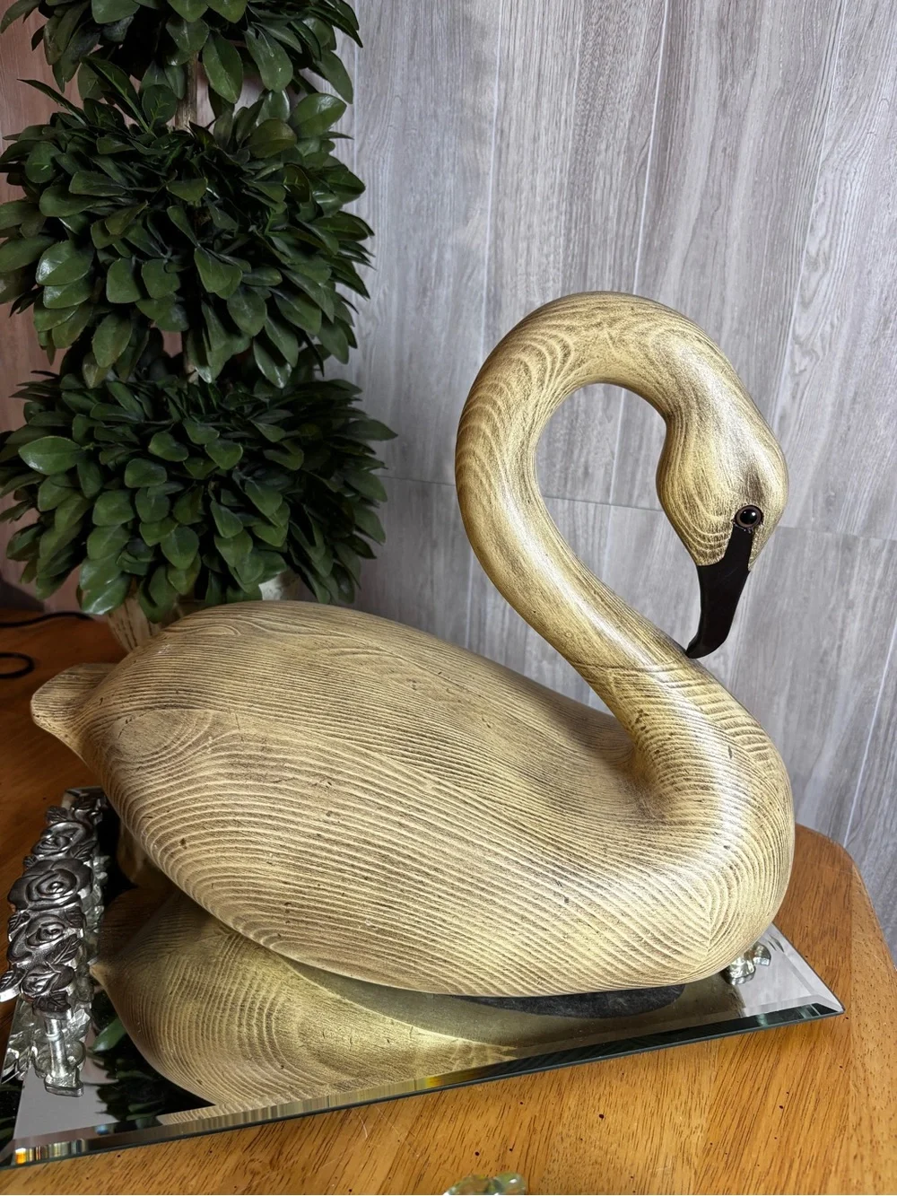 Vintage Large Faux Wood Grain Swan Sculpture Mid-Century Modern Coastal